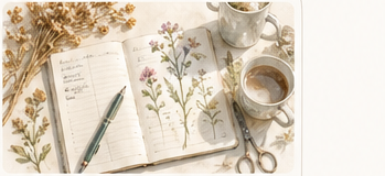 Illustrazione di un planner con penna e fiori secchi