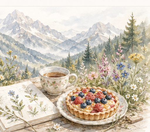 Illustrazione ad acquerello con montagne, torta rustica, tazza di caffè e fiori spontanei