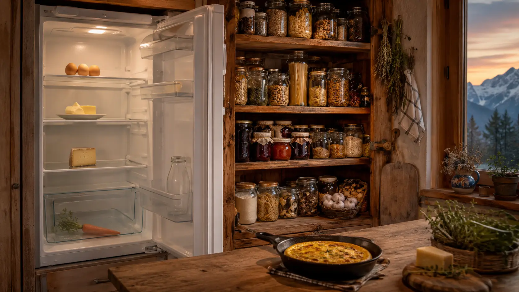 Cucina di montagna con ingredienti semplici da dispensa per una cena improvvisata
