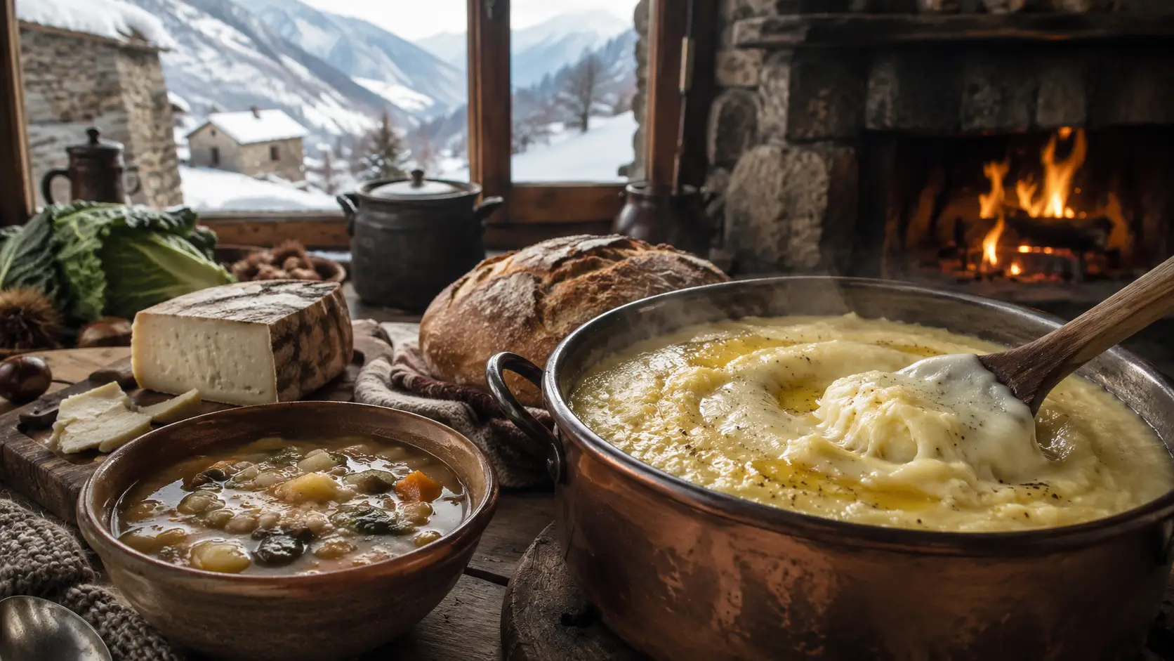 Tavola invernale di montagna con polenta, zuppe calde e atmosfera accogliente