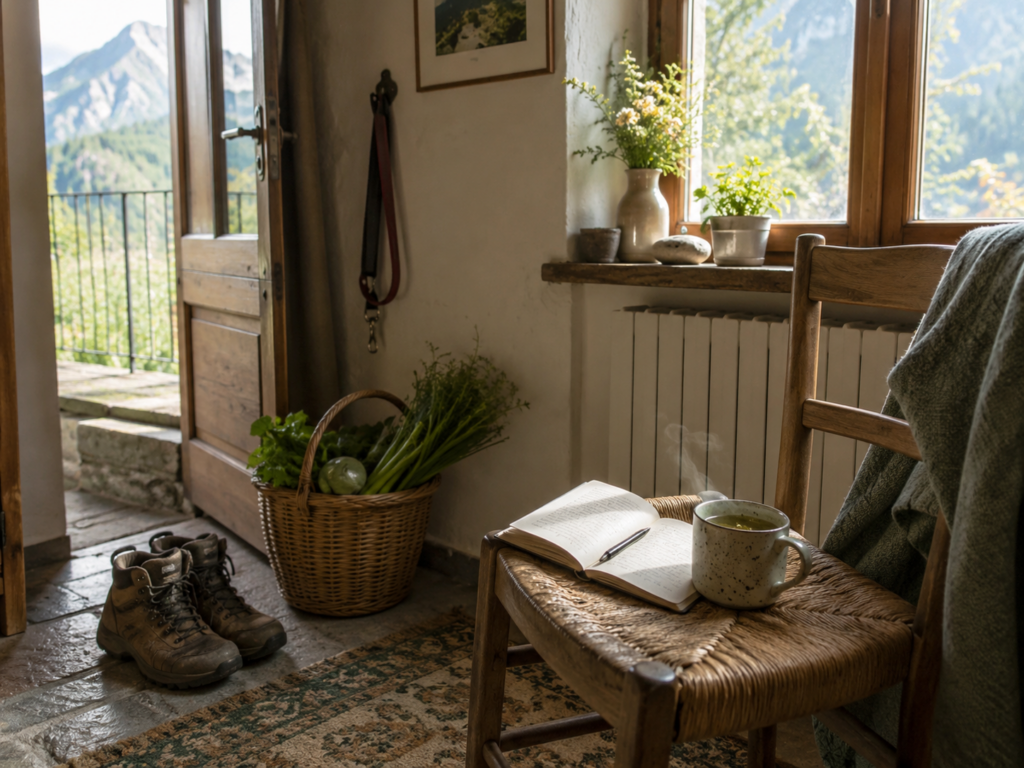 Scarponcini vicino alla porta, guinzaglio, cestino con erbe e verdure, tazza di tisana e quaderno aperto su una sedia, luce del mattino