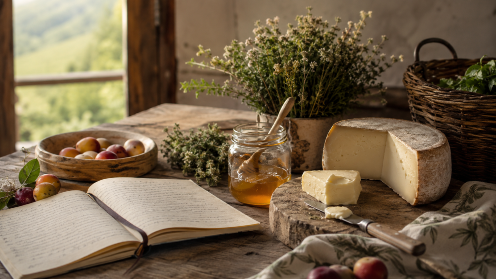 Tavolo rustico con prodotti stagionali di montagna: miele locale, formaggio toma, erbe aromatiche, quaderno con appunti