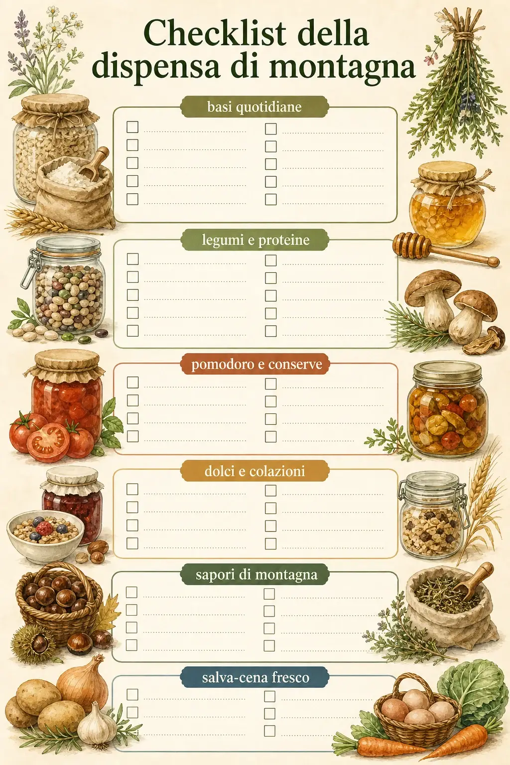 Checklist stampabile degli ingredienti essenziali per una dispensa di montagna.