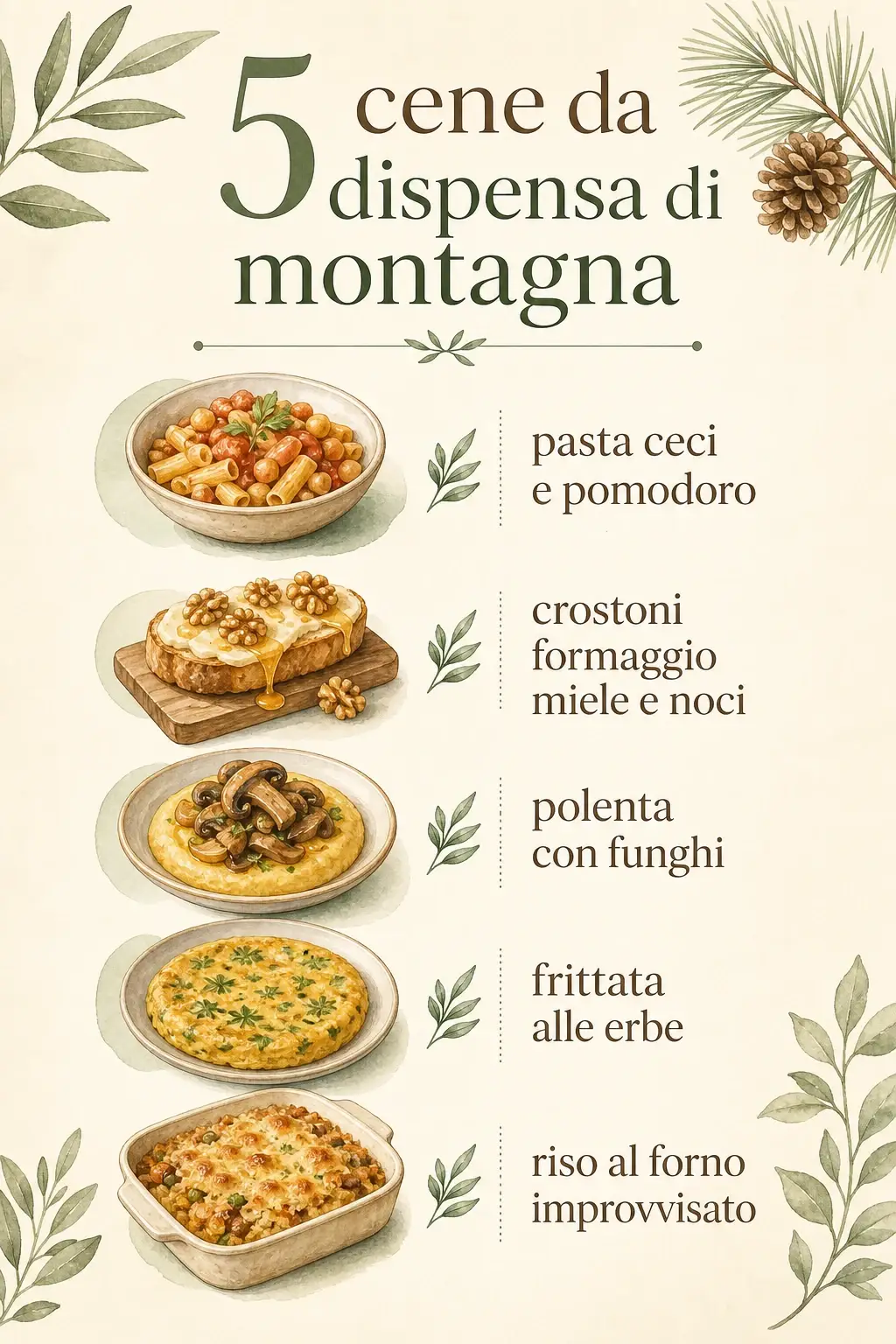 Infografica con cinque idee per cene da dispensa di montagna: pasta con ceci, crostoni, polenta, frittata e riso al forno.