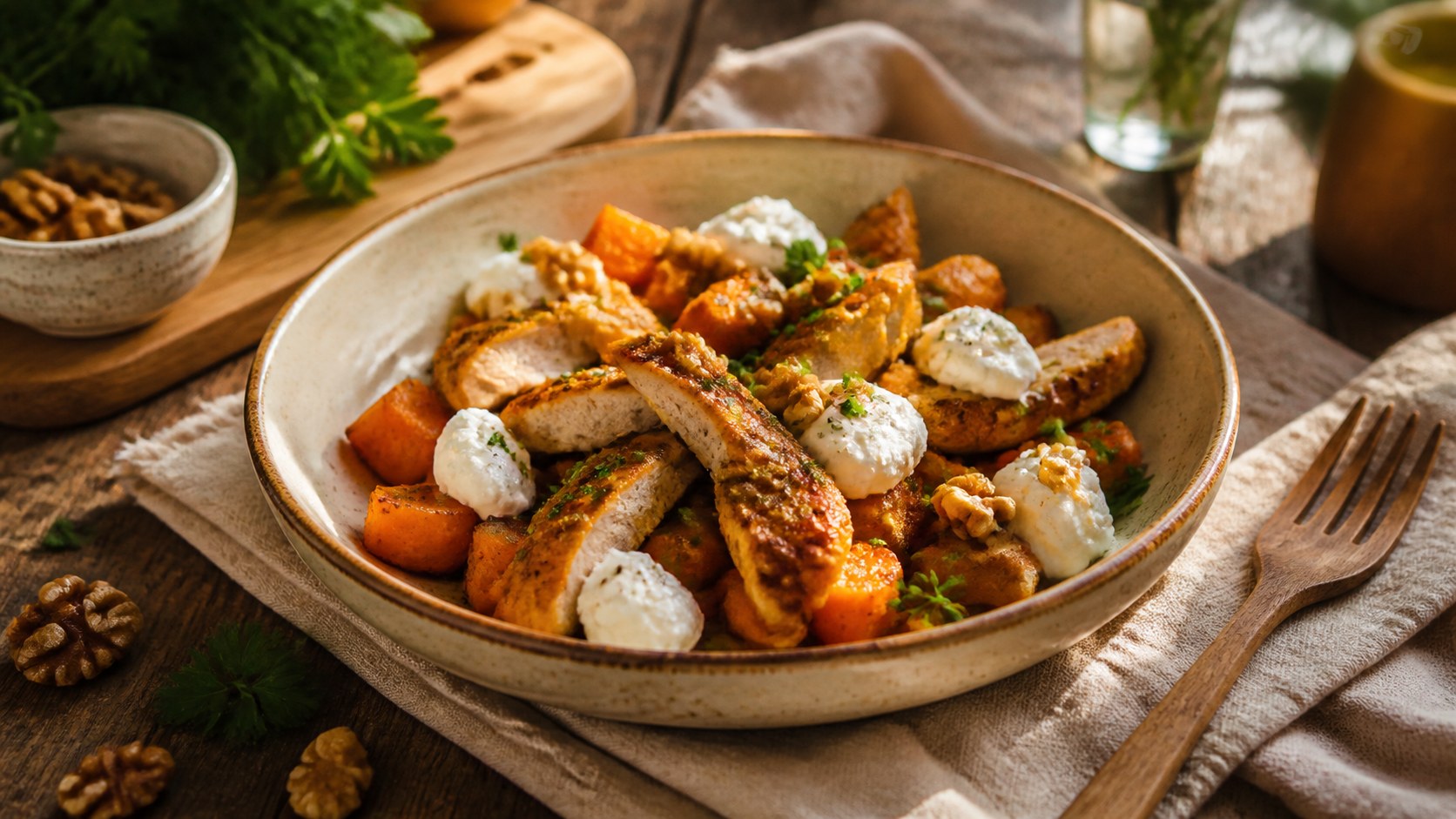 Ciotola calda in ceramica con patate dolci arrostite, pollo speziato, crema di robiola, noci e erbe fresche, tavolo rustico di montagna