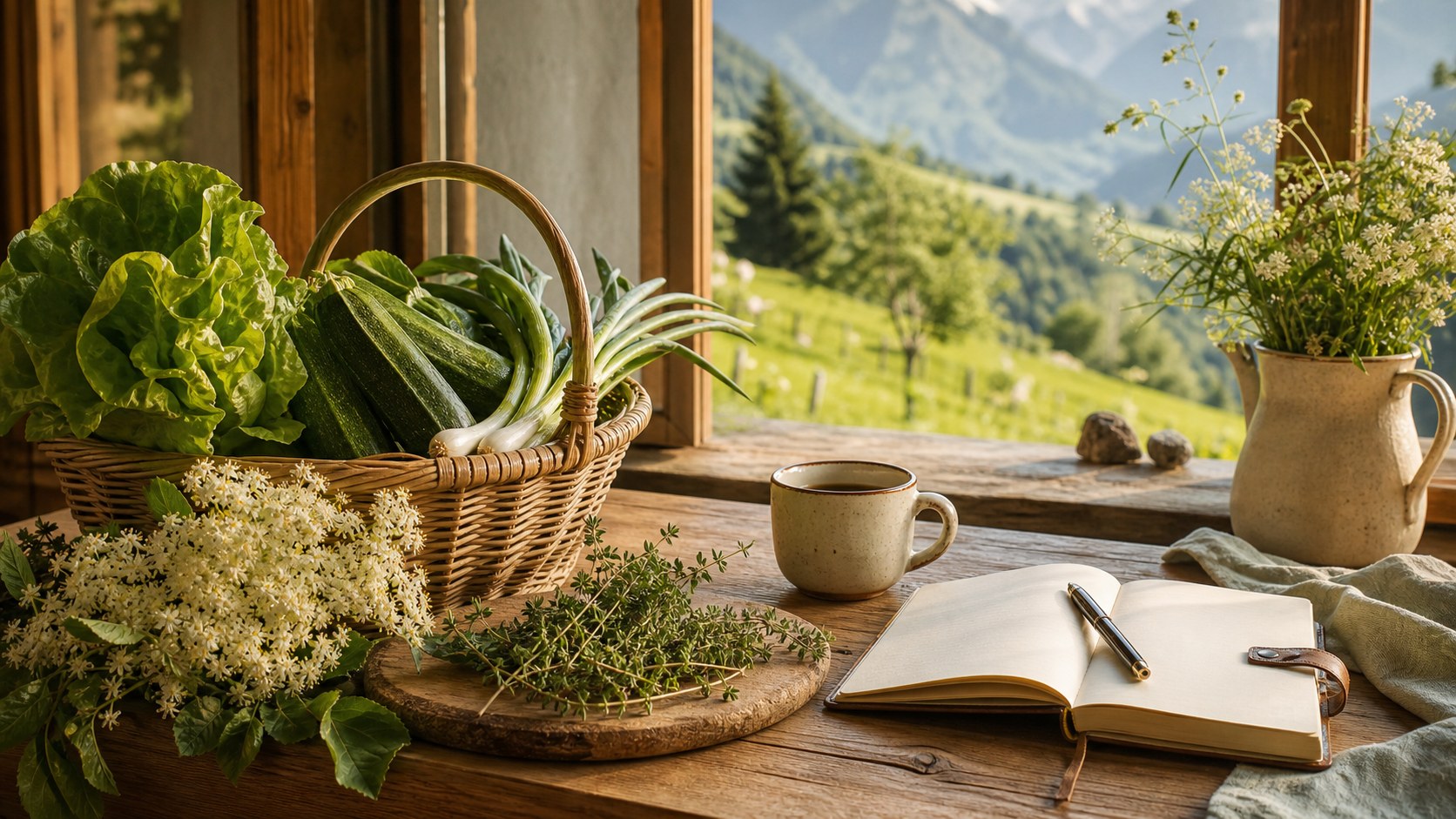 Tavolo di casa di montagna con cestino di verdure di giugno, fiori di sambuco, timo selvatico, quaderno aperto e vista sulle Valli di Lanzo