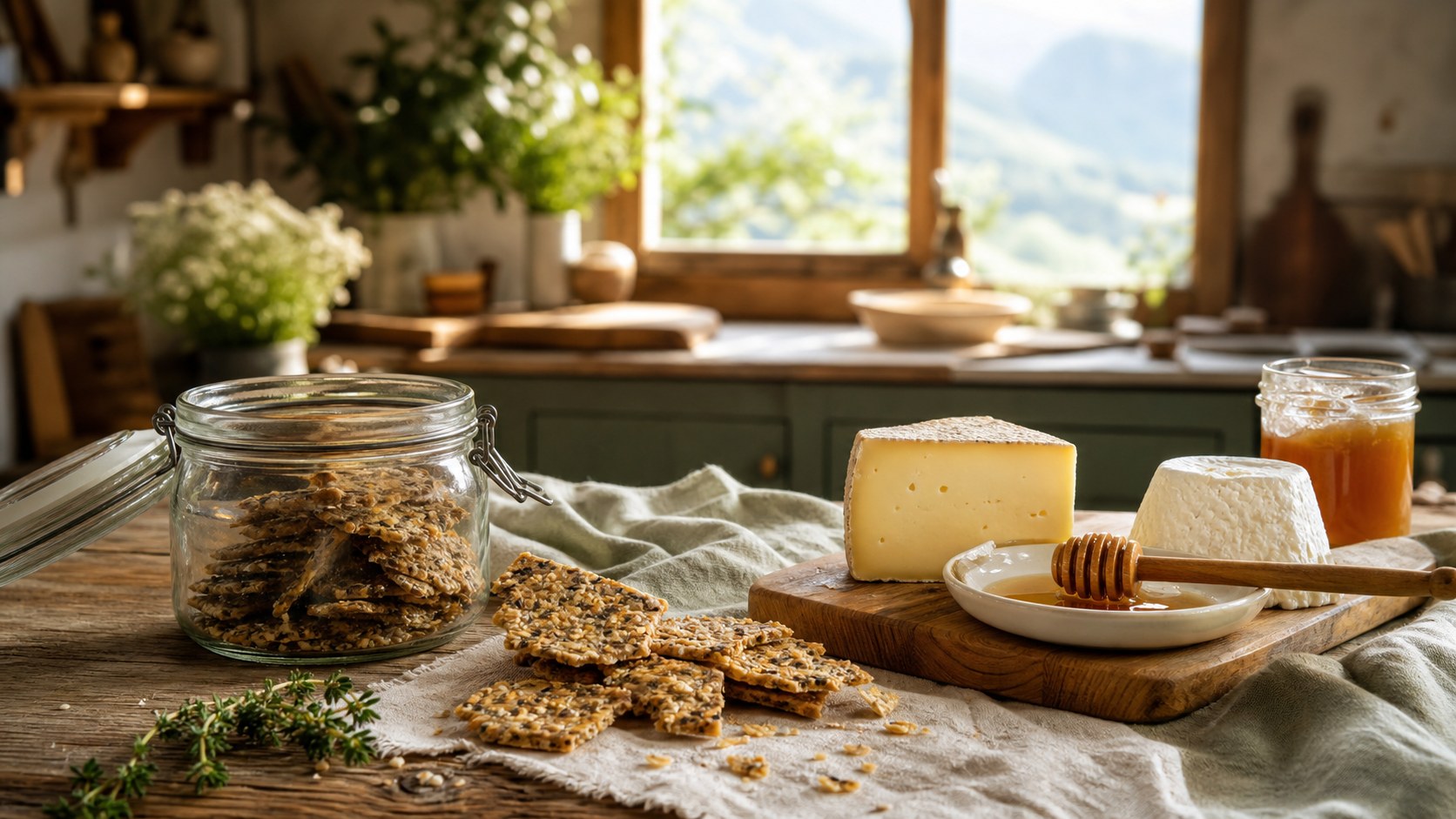 Crackers rustici ai semi fatti in casa su tagliere di legno con toma d'alpeggio, ricotta fresca e miele locale, barattolo di vetro aperto, cucina di montagna