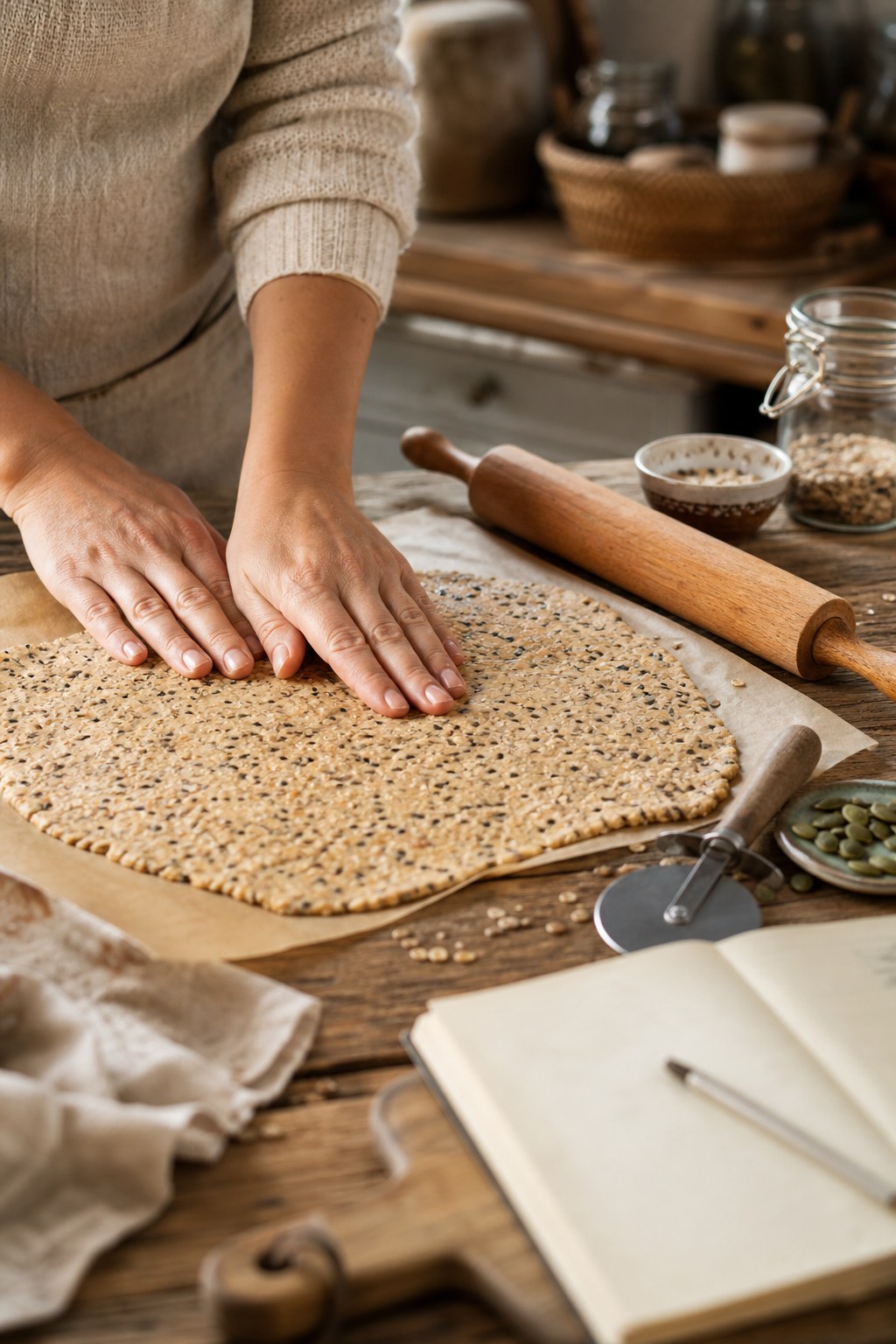 Mani che stendono impasto per crackers ai semi su carta forno, mattarello, quaderno di ricette aperto, cucina di montagna