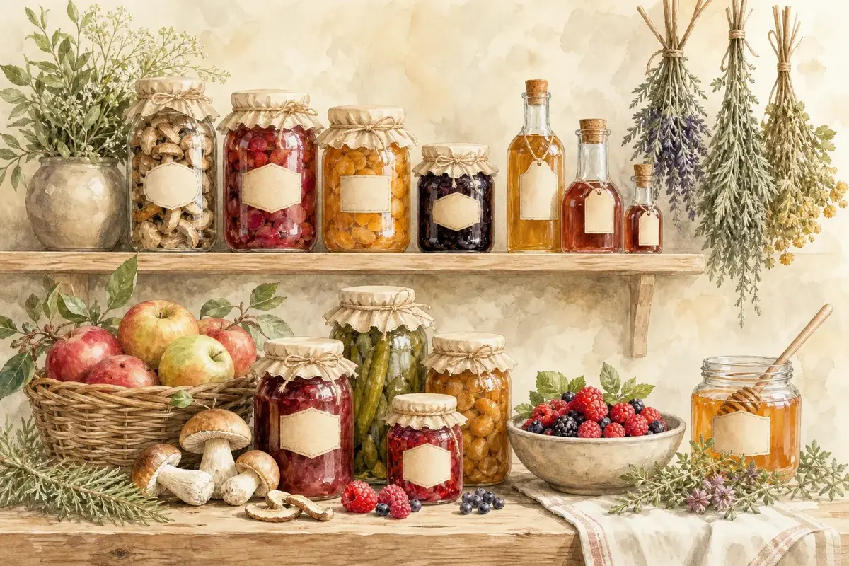 Illustrazione botanica ad acquerello con barattoli di conserve, miele ed erbe essiccate