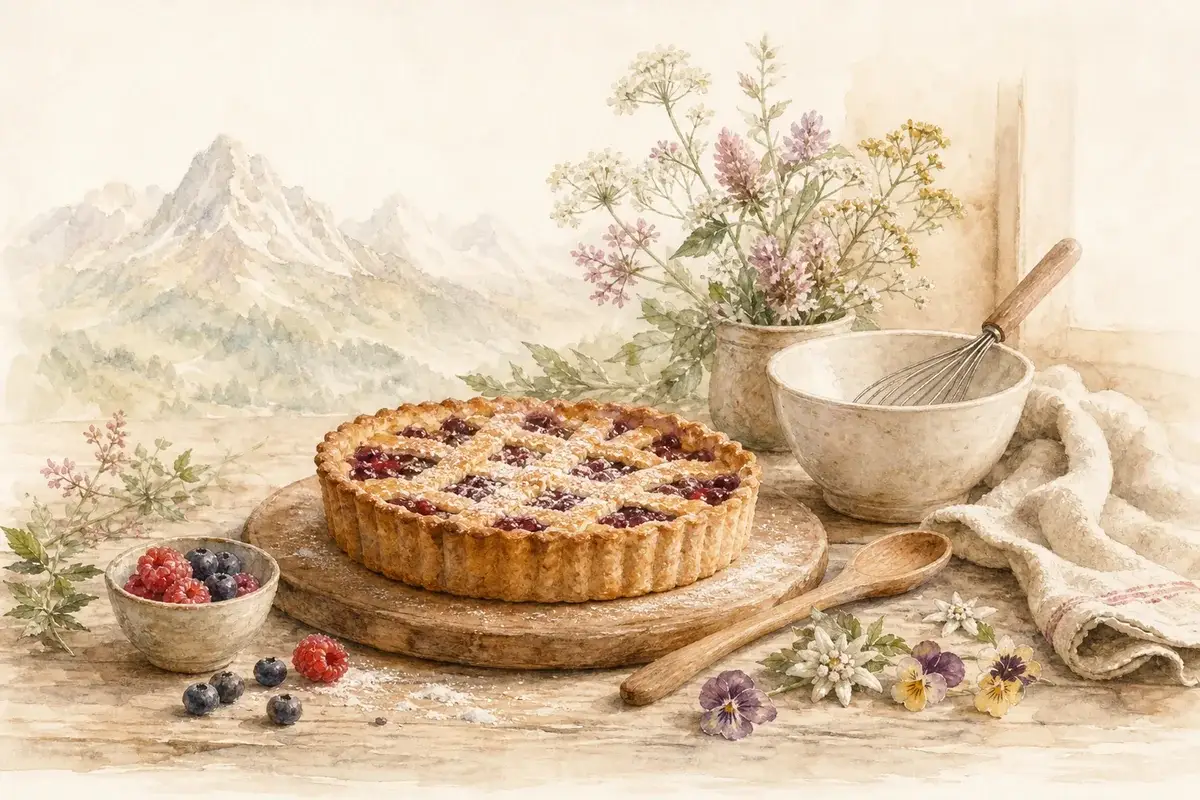 Illustrazione ad acquerello con crostata rustica, fiori edibili e strumenti da pasticceria di montagna