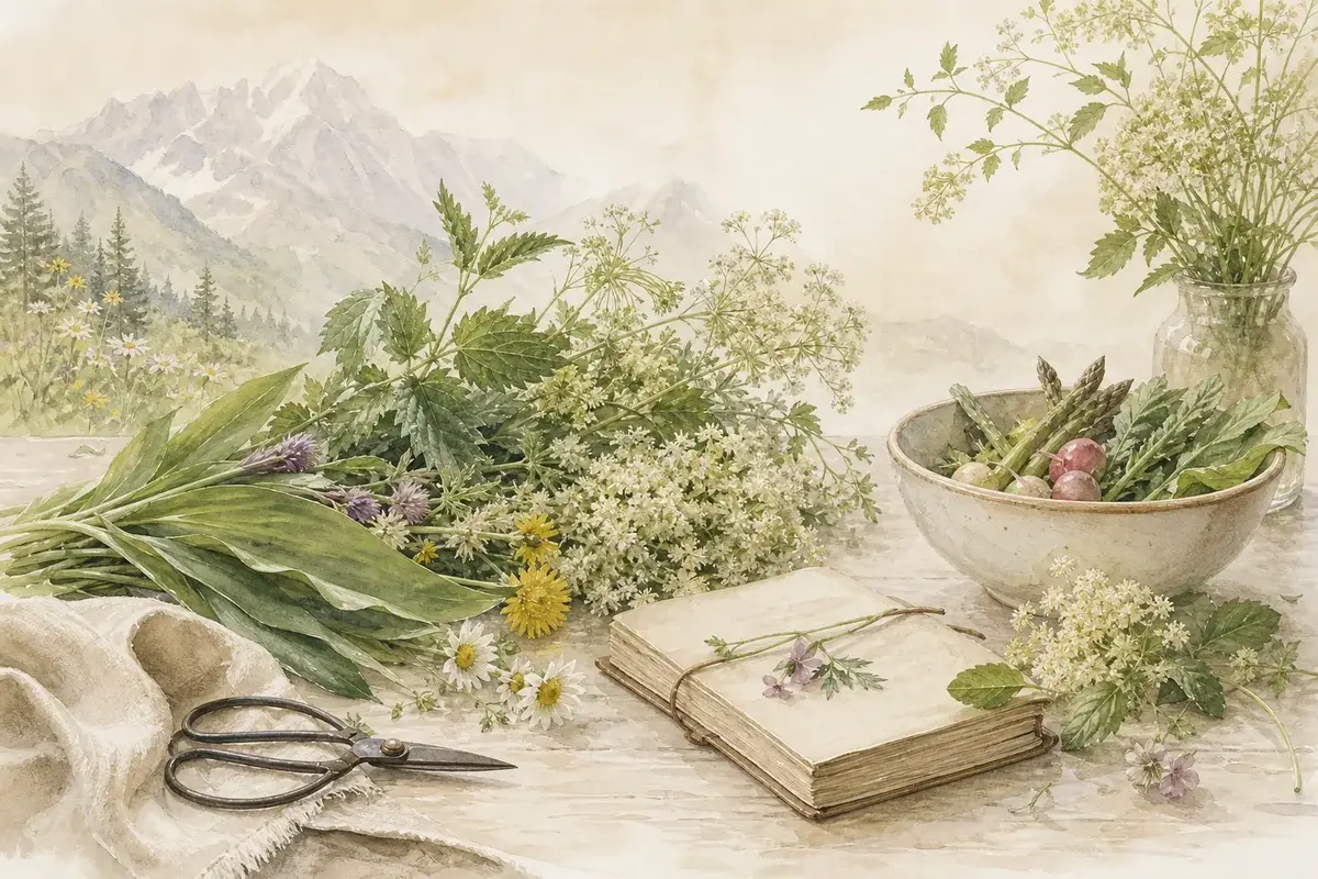 Illustrazione ad acquerello con erbe spontanee, fiori di montagna e appunti di cucina stagionale