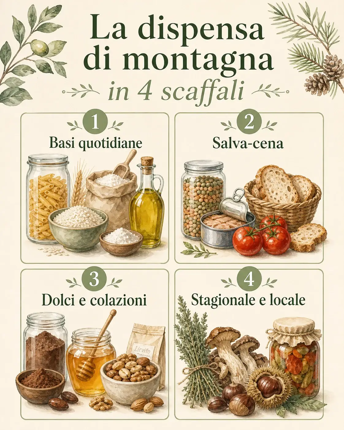 Infografica della dispensa di montagna divisa in basi quotidiane, salva-cena, dolci e prodotti locali.