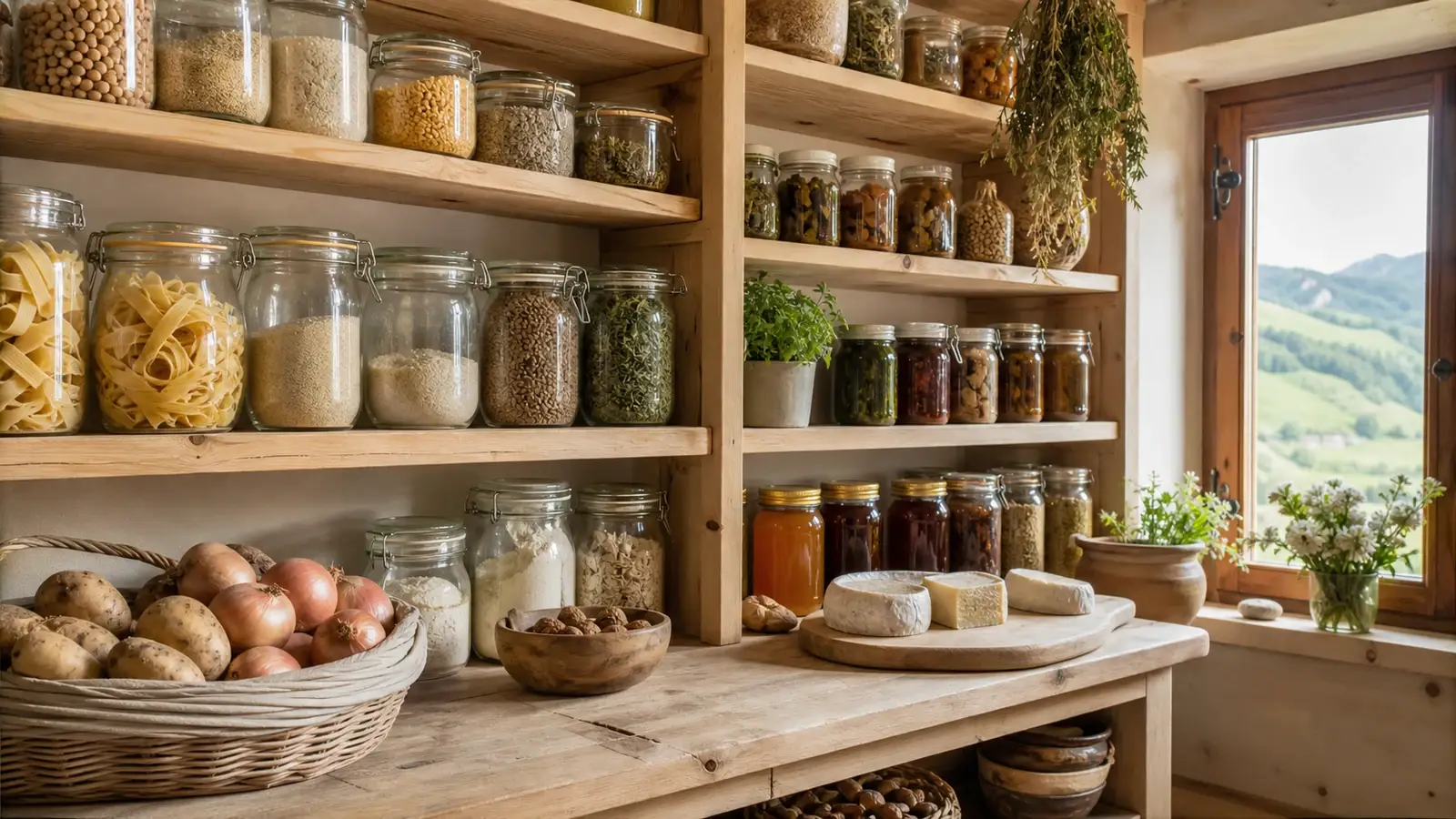 Dispensa di montagna con ingredienti base ordinati su scaffali in legno
