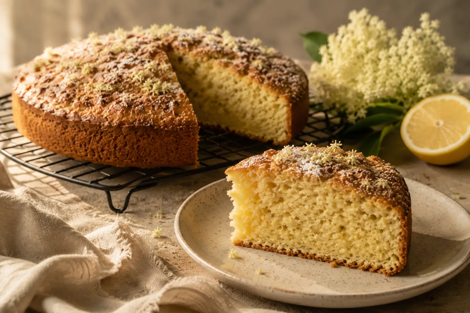 Torta soffice ai fiori di sambuco su sfondo naturale