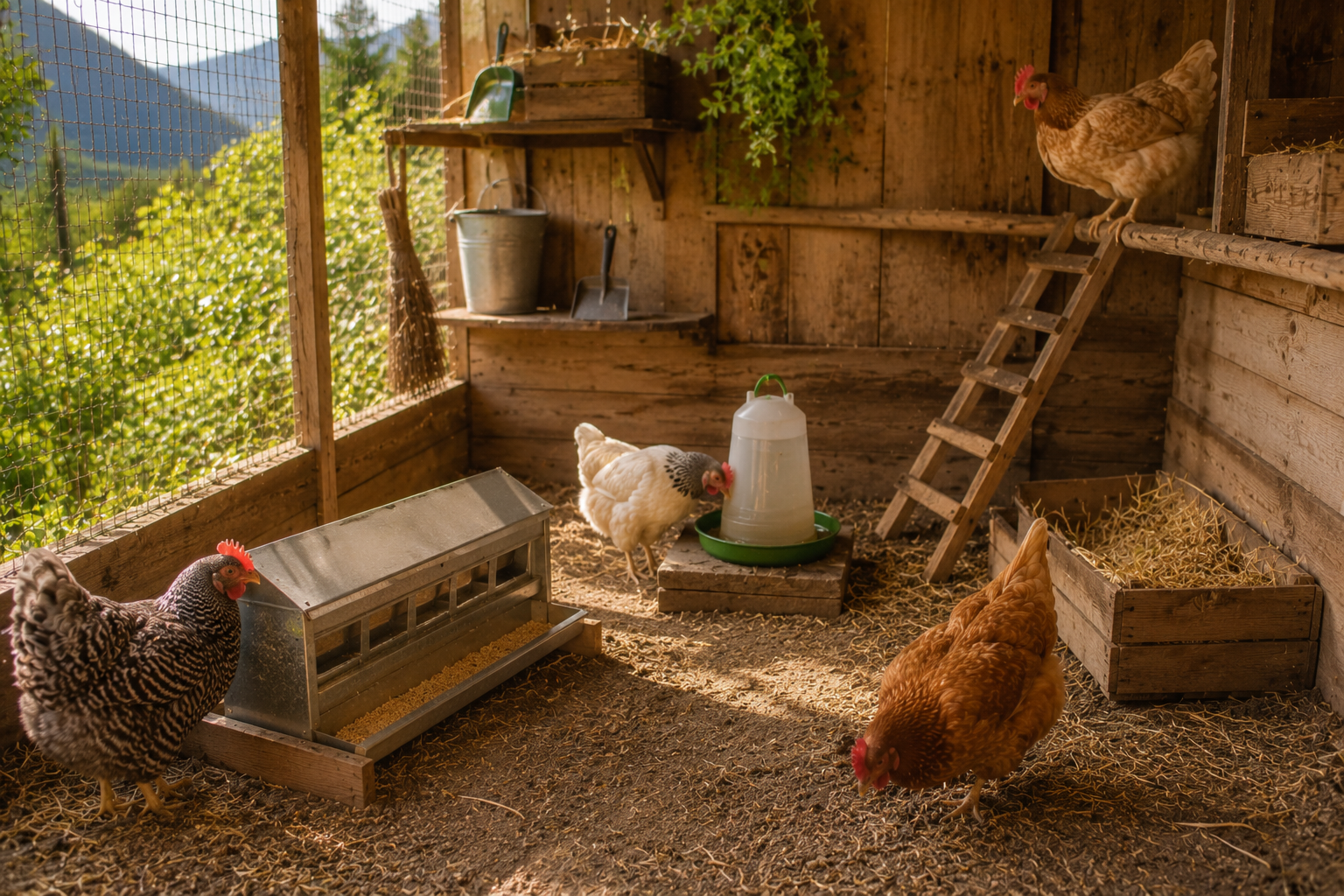 Galline in un pollaio di montagna