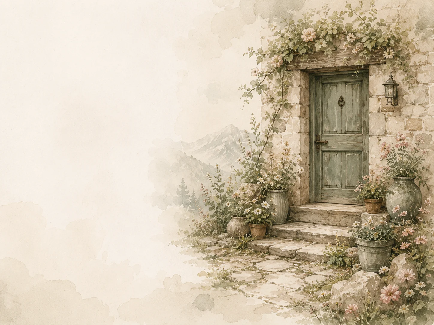 Hero della pagina Contatti con ingresso di casa in pietra, porta verde e fiori in stile acquerello botanico