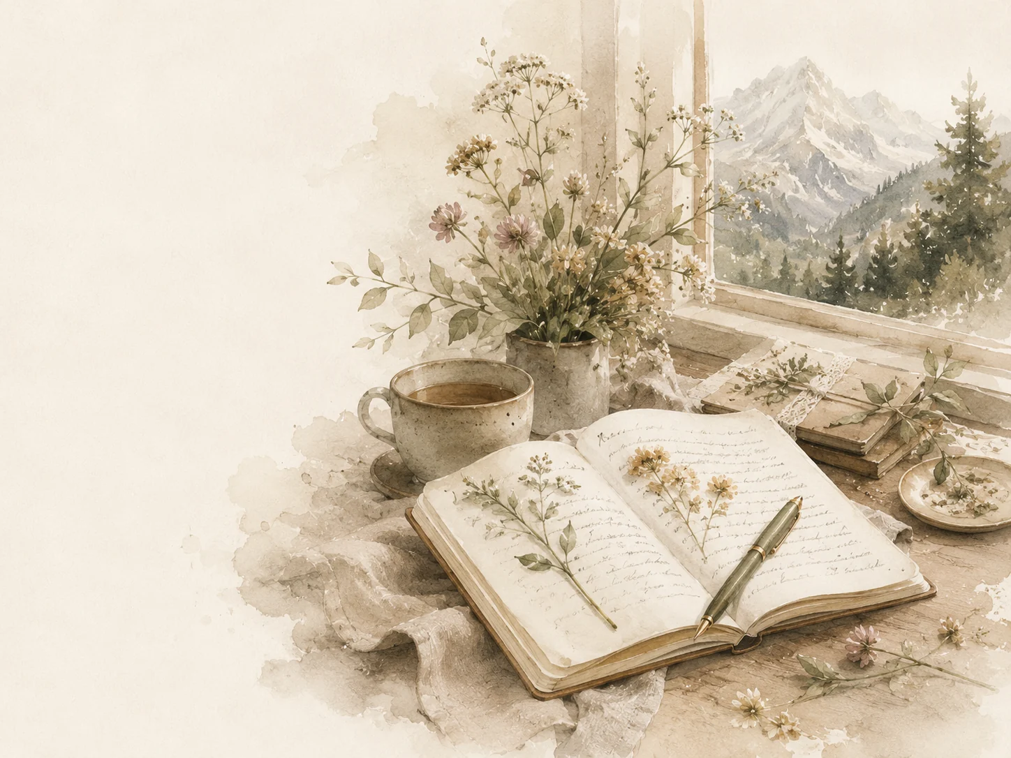 Illustrazione ad acquerello con quaderno aperto, fiori spontanei e vista sulle montagne