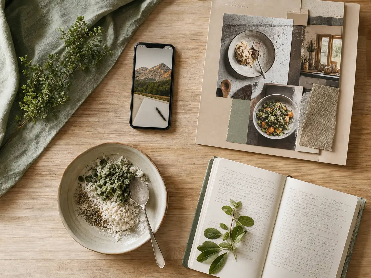 Flat lay con smartphone, cartellina con ritagli di riviste, ricetta in prova con cucchiaio, quaderno finale scritto a mano su tavolo di cucina