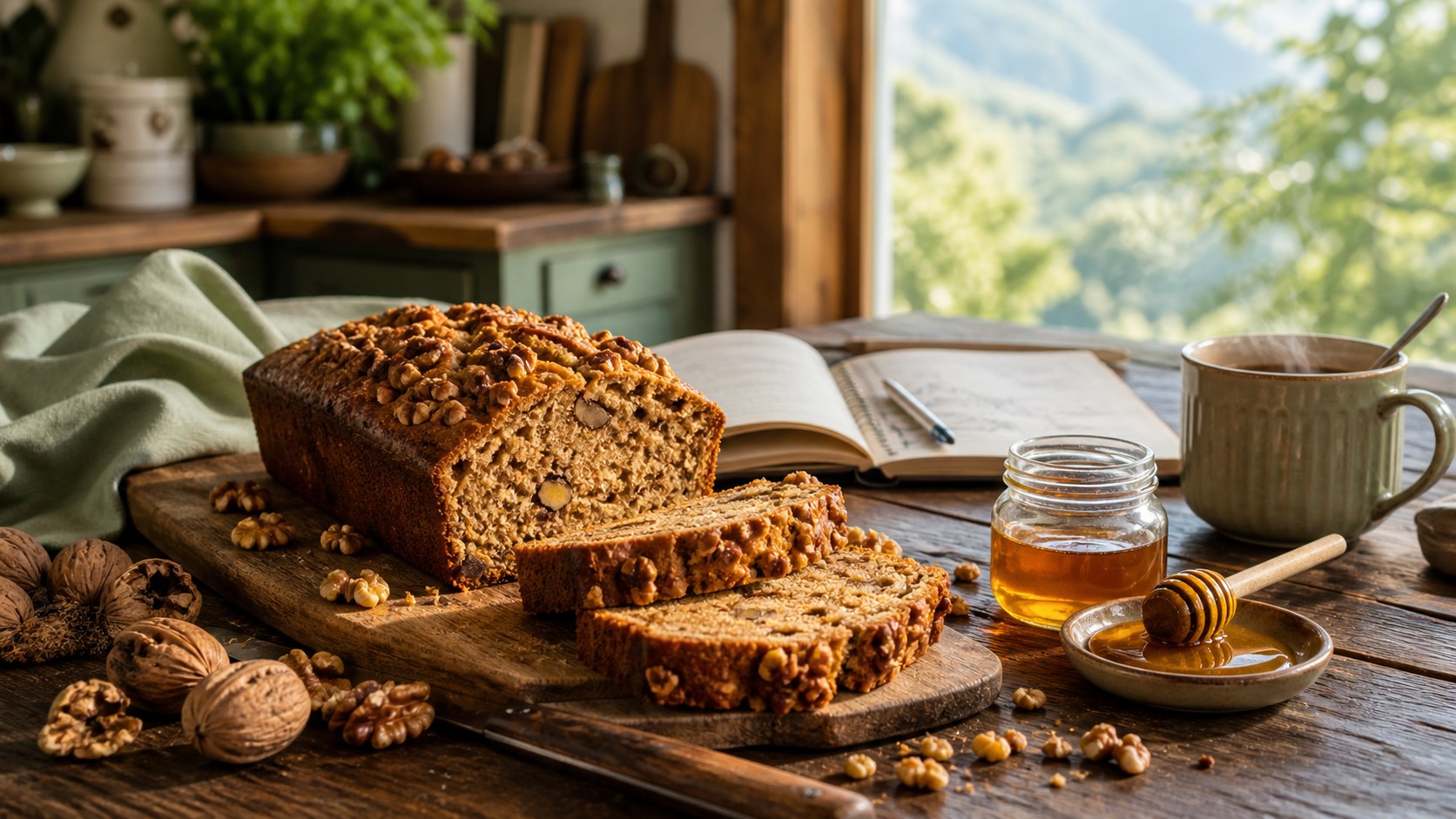 Plumcake al farro miele e noci tagliato a fette su tavolo in legno, vasetto di miele locale, noci, tazza di tè, quaderno aperto, colazione di montagna