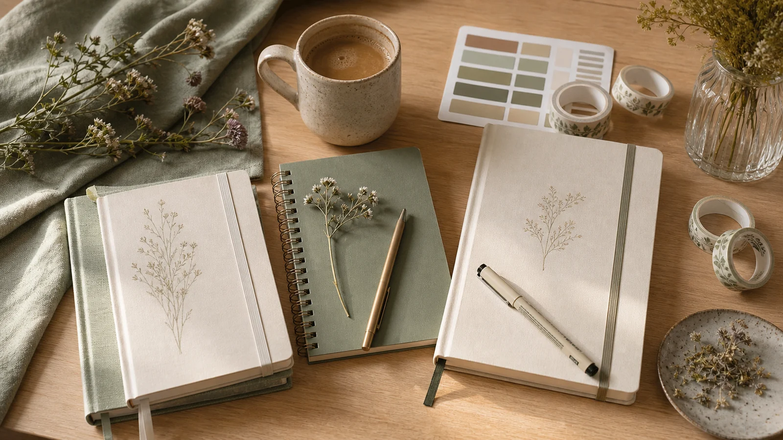 Composizione ordinata con diversi quaderni, penne, segnapagina e washi tape botanico su superficie in legno con tazza di caffè e piccoli fiori di montagna