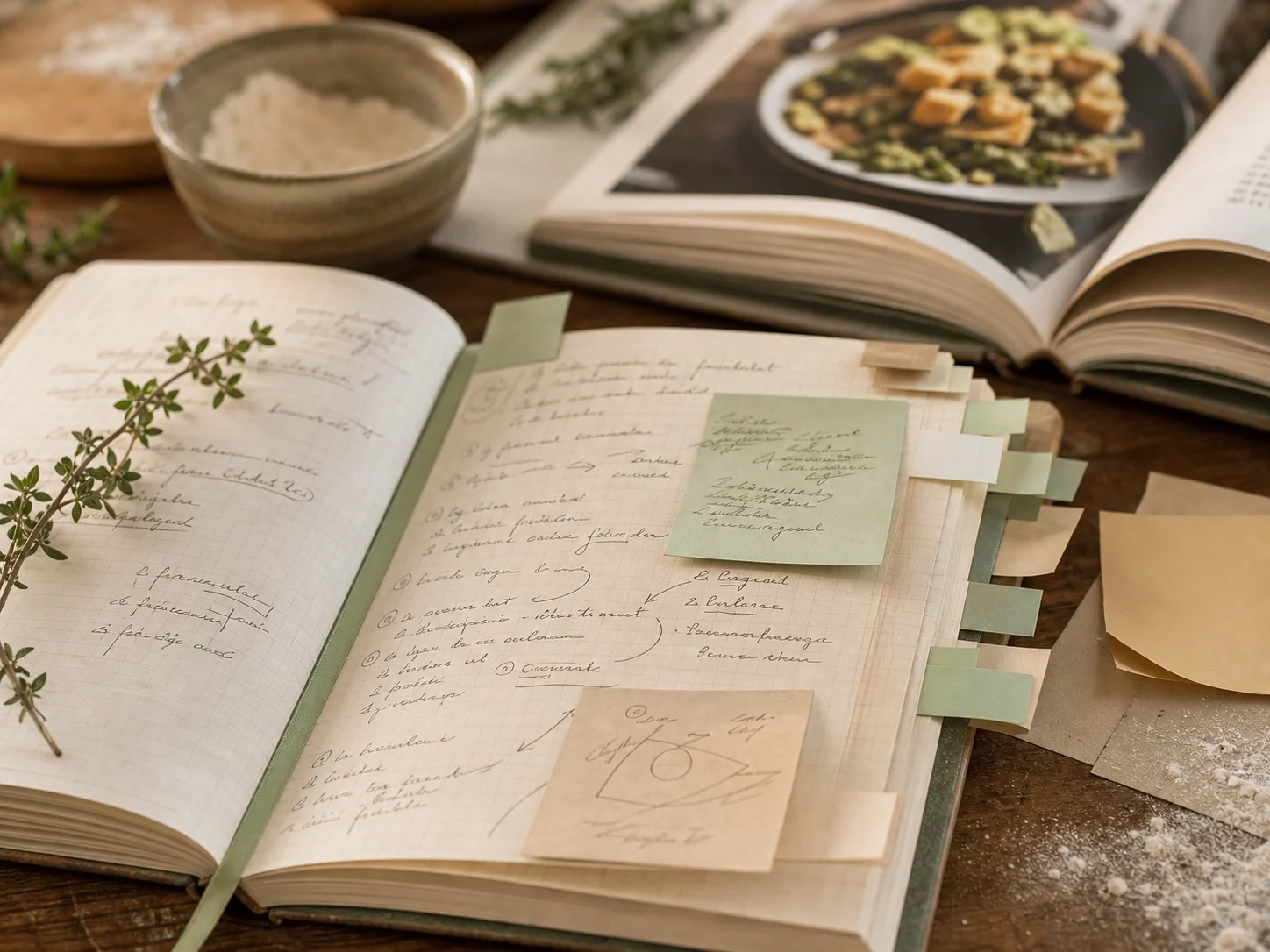 Dettaglio ravvicinato di pagine di quaderno con segnalibri, note e frecce scritte a mano, libro di ricette sullo sfondo