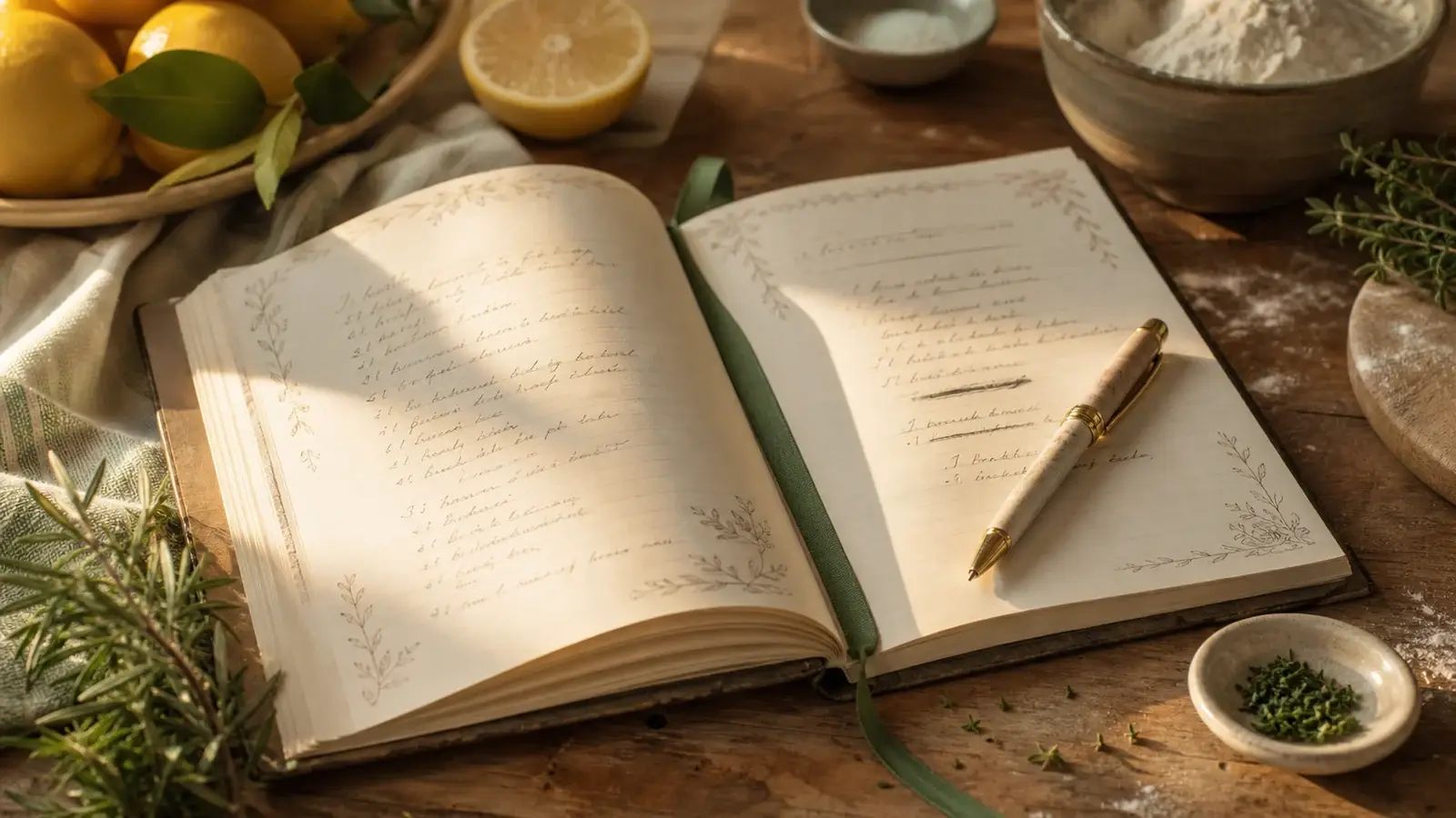 Close-up di un quaderno di cucina aperto con ricetta scritta a mano, penna elegante e piccoli ingredienti intorno: farina, limone ed erbe aromatiche