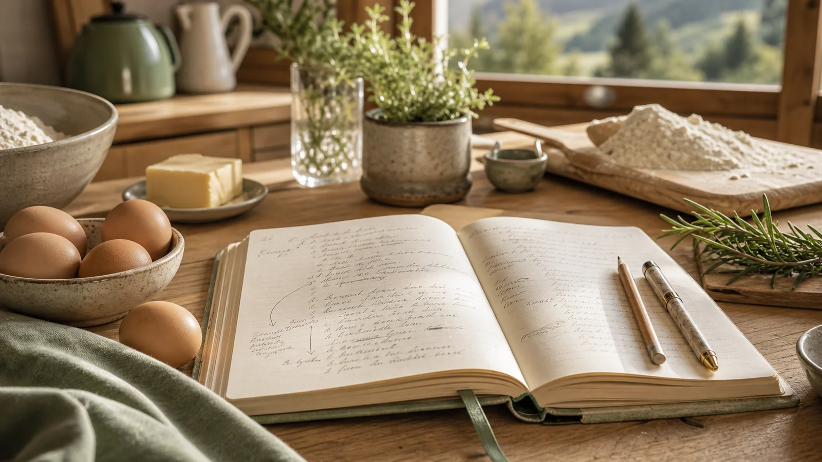 Quaderno di cucina aperto su un tavolo con ricetta scritta a mano, matita e penna in una cucina di montagna