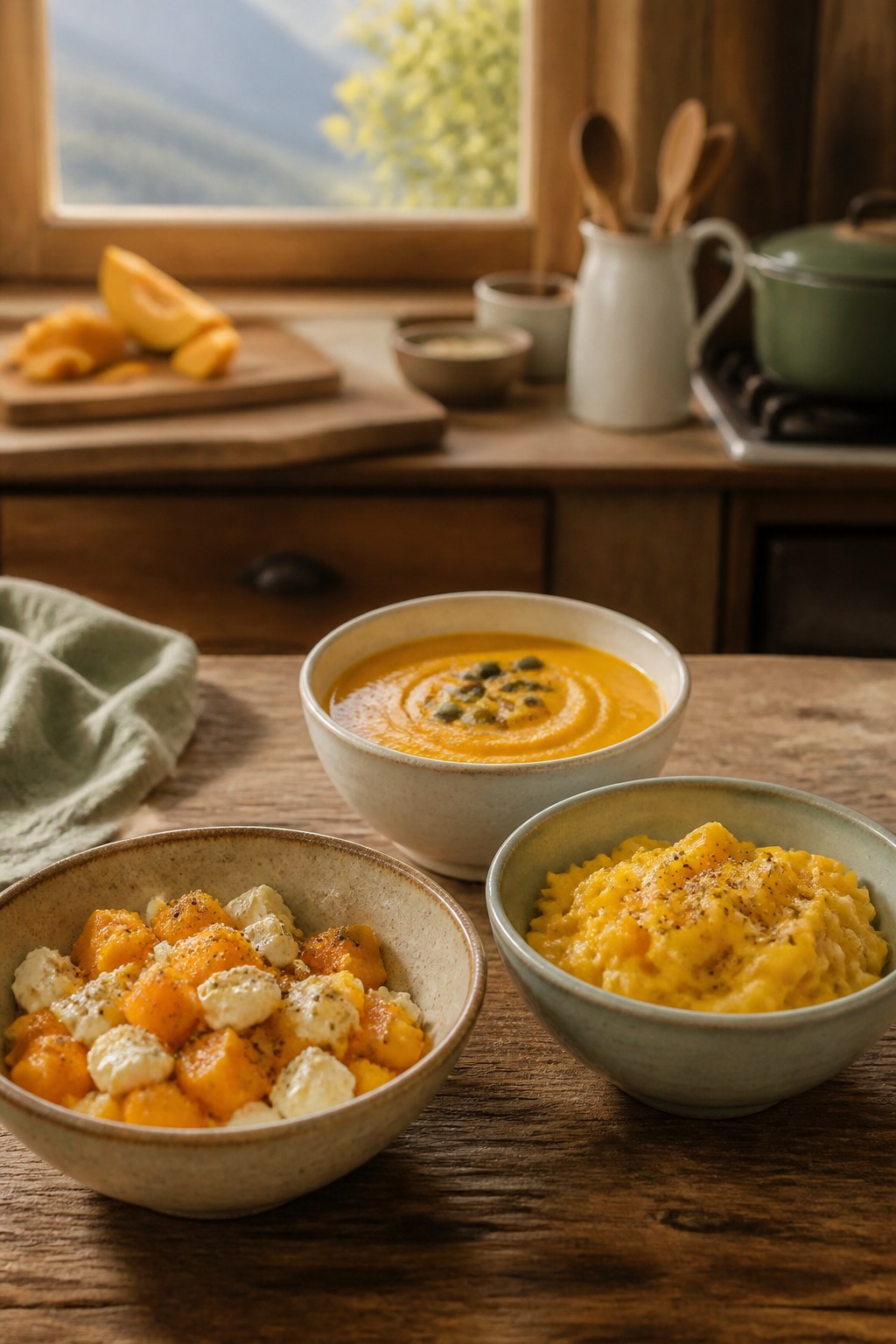 Tre cene con zucca già cotta: ciotola con robiola, pasta cremosa alla zucca, vellutata con semi, tavolo rustico di montagna