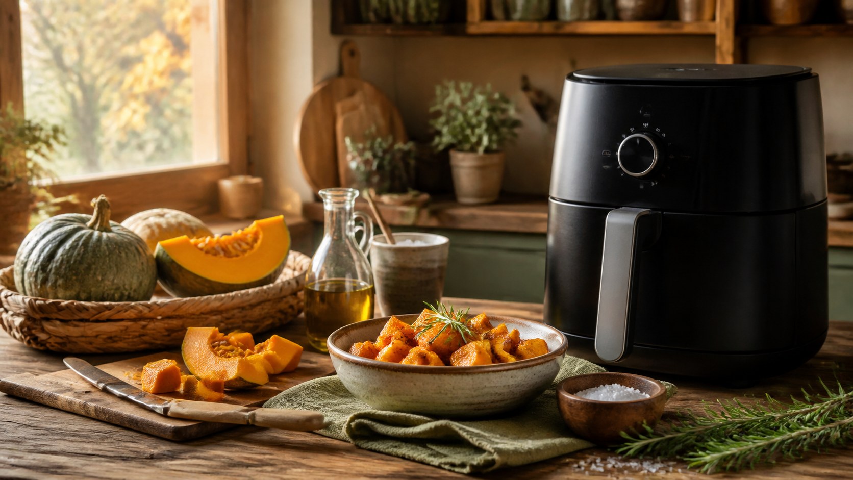 Zucca Delica a cubetti dorati in ciotola di ceramica con friggitrice ad aria, rosmarino fresco, olio e sale grosso, cucina di montagna autunnale