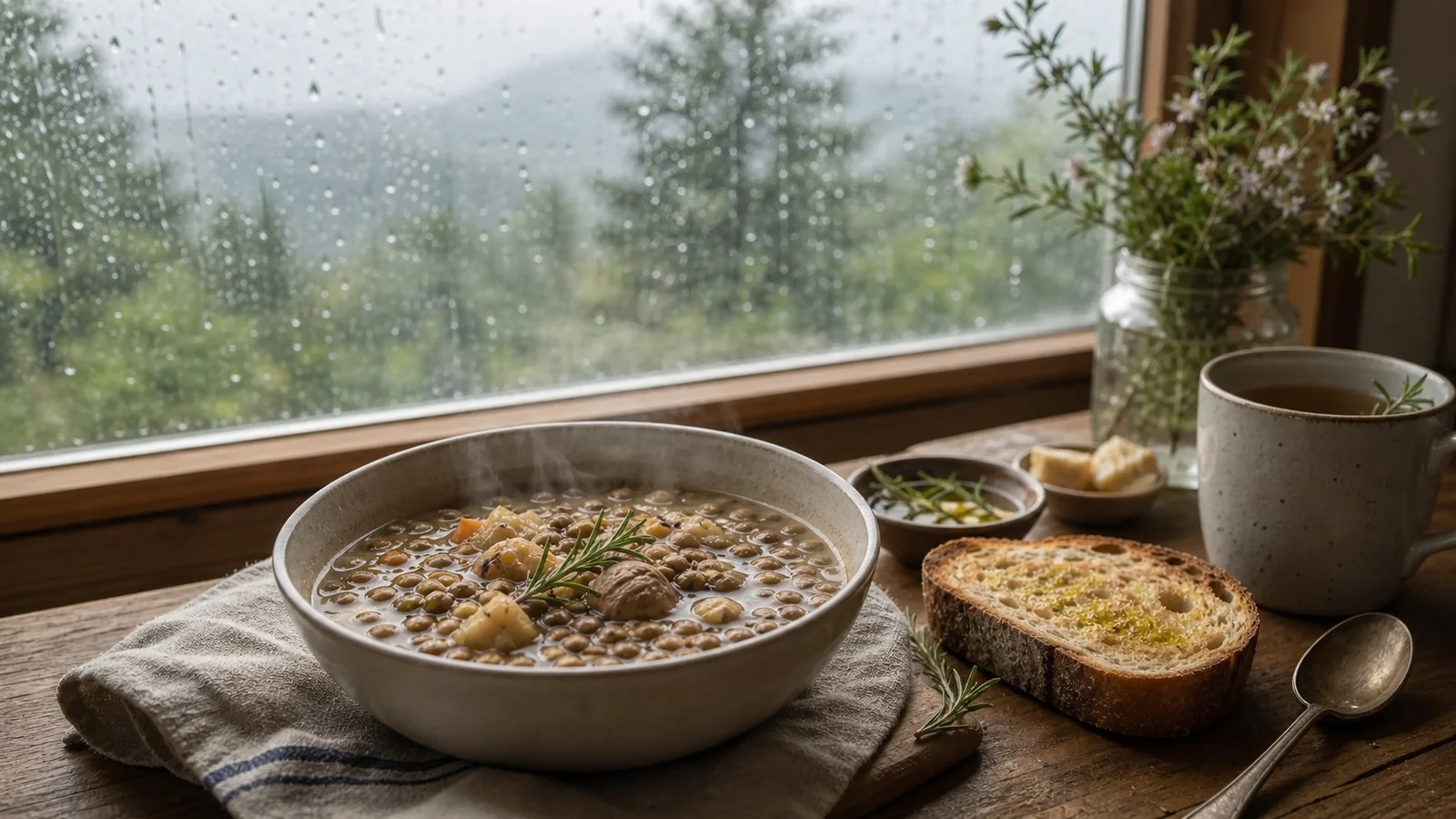 Zuppa fumante di montagna accanto a una finestra bagnata dalla pioggia, con pane tostato e atmosfera quieta e accogliente
