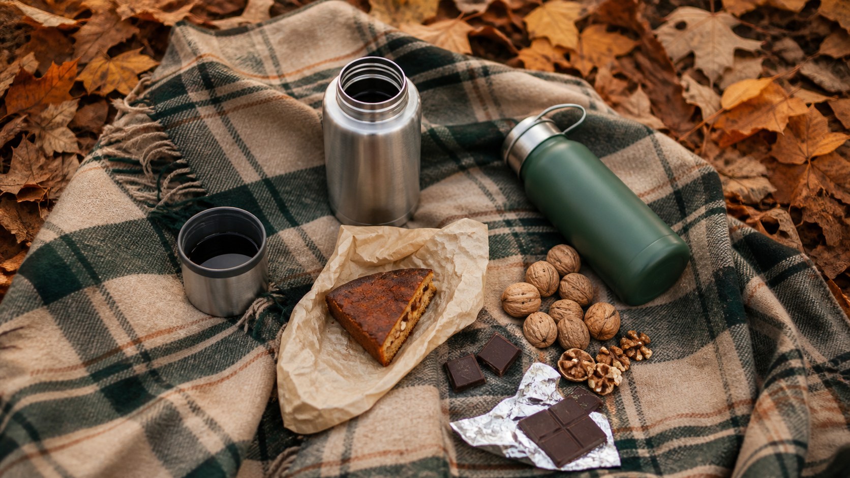 Merenda nei boschi con thermos, torta e frutta secca su coperta da picnic