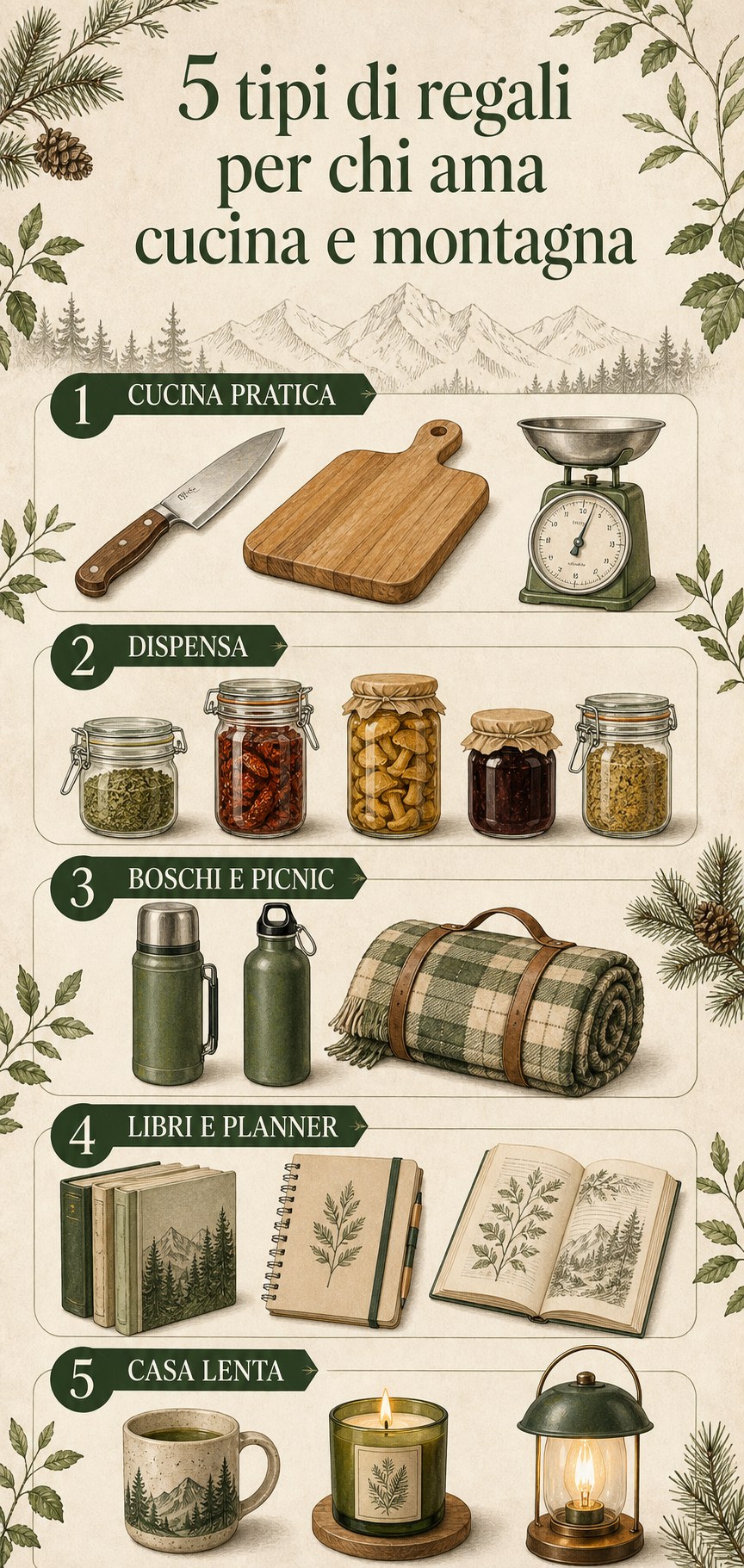 Infografica con cinque tipi di regali per chi ama cucina e montagna