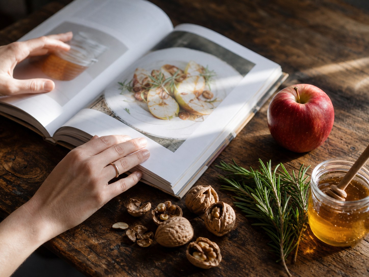 Libro di cucina stagionale aperto sul tavolo con ingredienti autunnali