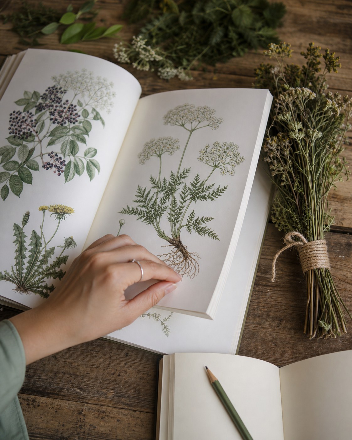 Libro di botanica aperto con erbe essiccate e quaderno per appunti