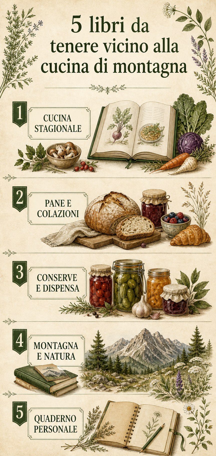 Infografica con cinque libri da tenere vicino alla cucina di montagna