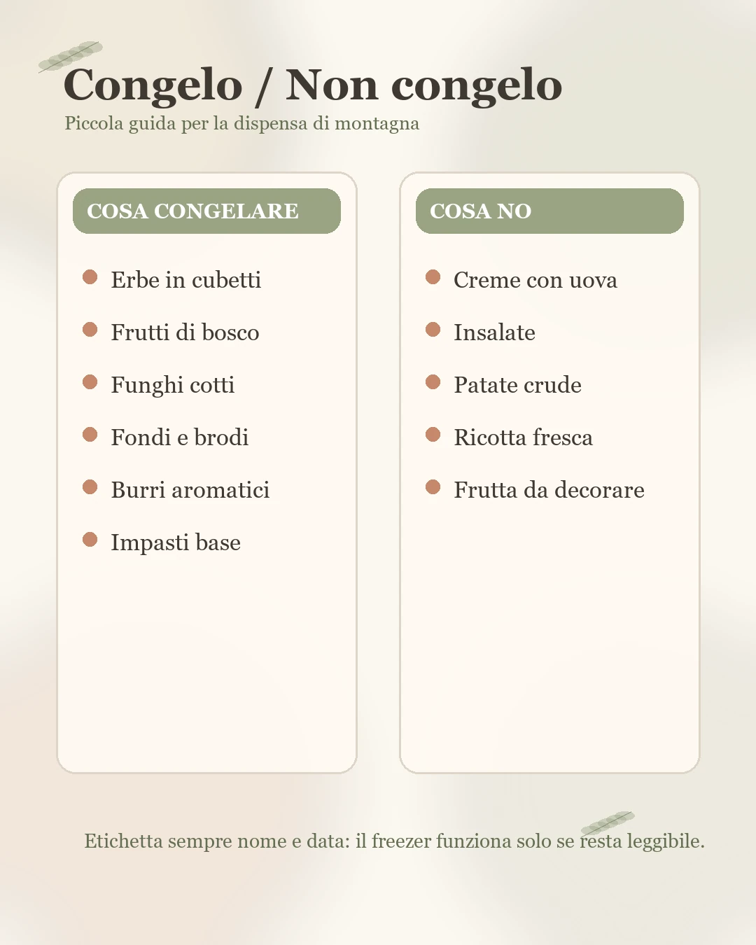 Infografica Congelo e Non congelo con alimenti adatti alla dispensa di montagna