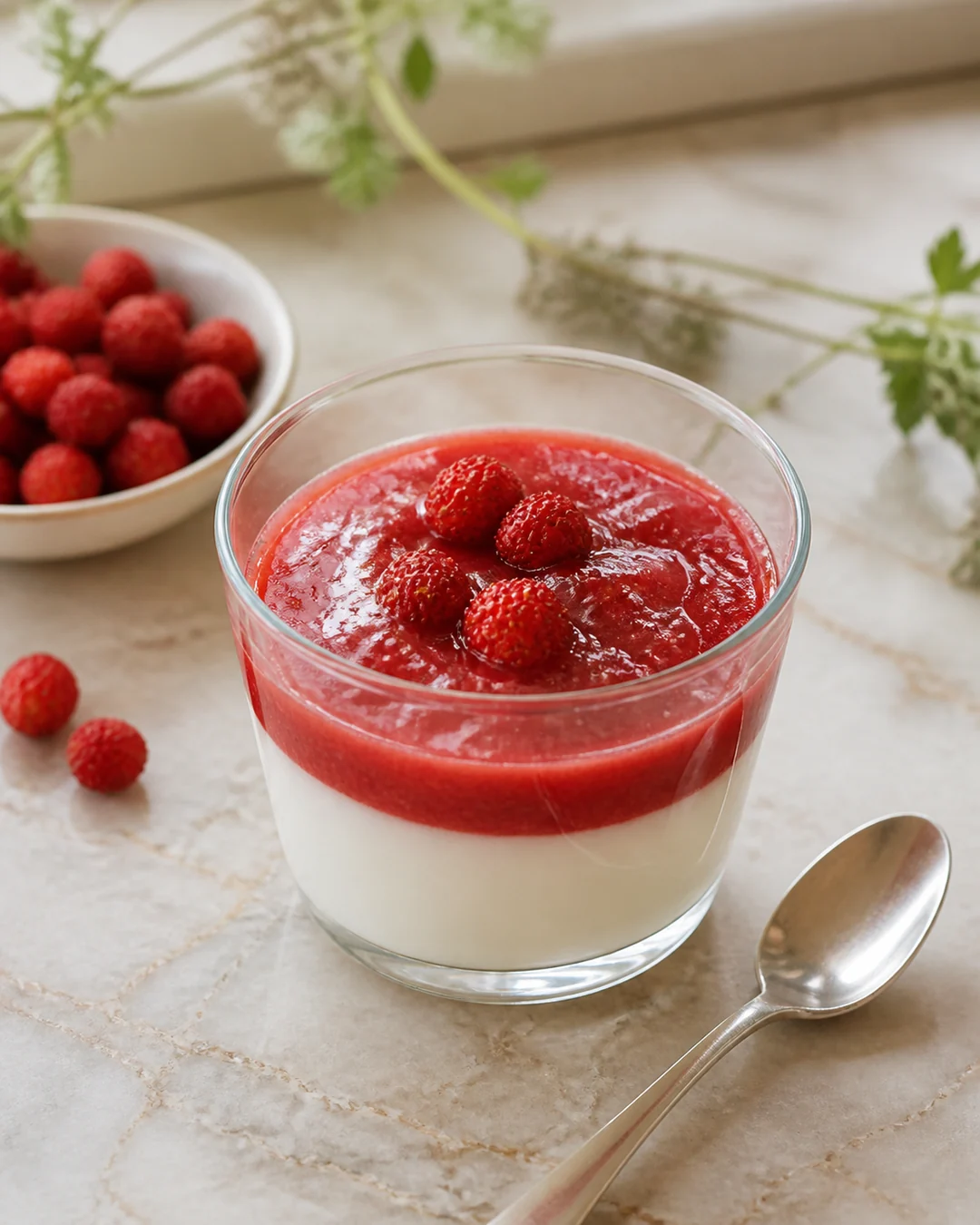Coppa di crema fredda al latte con coulis rosso di fragoline di bosco in una cucina di montagna luminosa