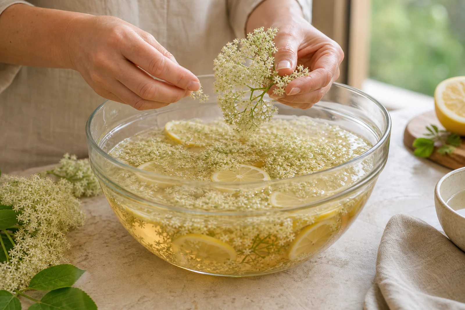 Ombrelle di fiori di sambuco in infusione in una grande ciotola con fette di limone