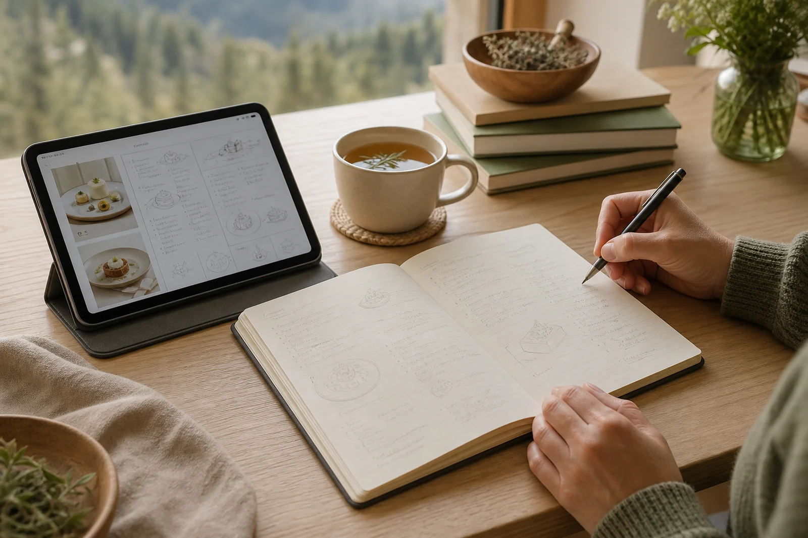 Tablet con appunti di cucina accanto a un quaderno di ricette aperto durante la trascrizione settimanale